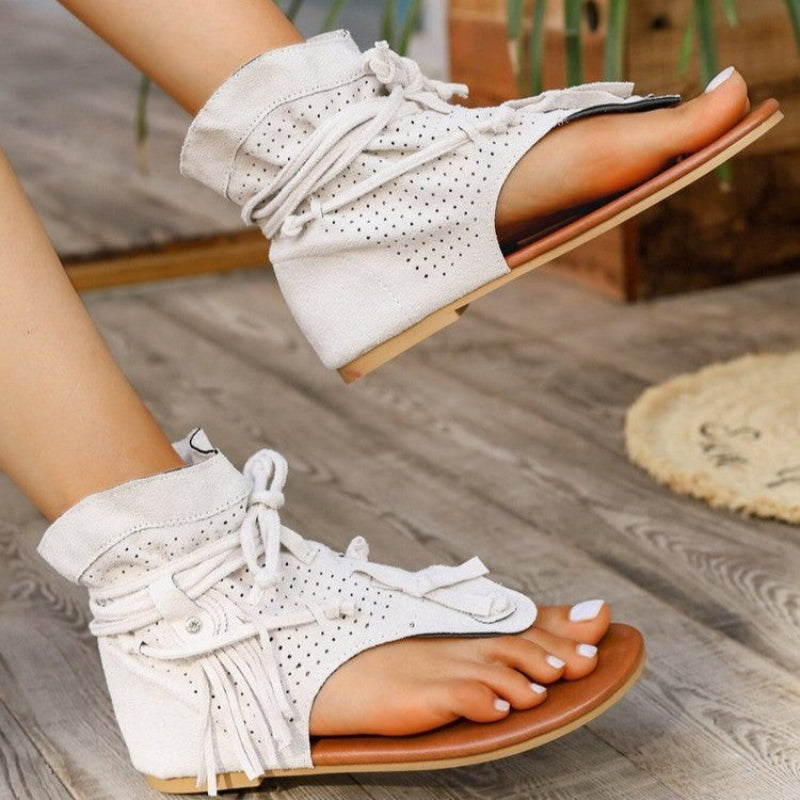 Women’s Open Toe Flat Sandals with Decorative Fringe and Adjustable Laces 4