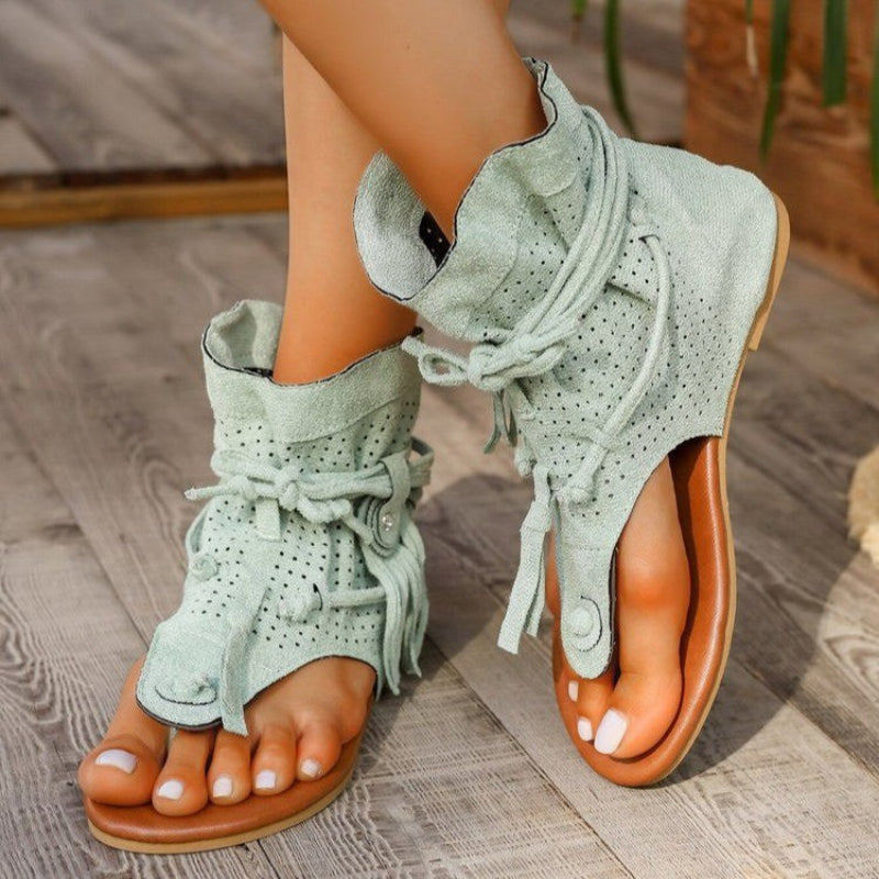 Women’s Open Toe Flat Sandals with Decorative Fringe and Adjustable Laces 5