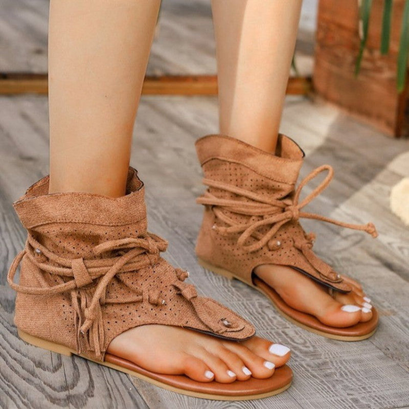 Women’s Open Toe Flat Sandals with Decorative Fringe and Adjustable Laces 6