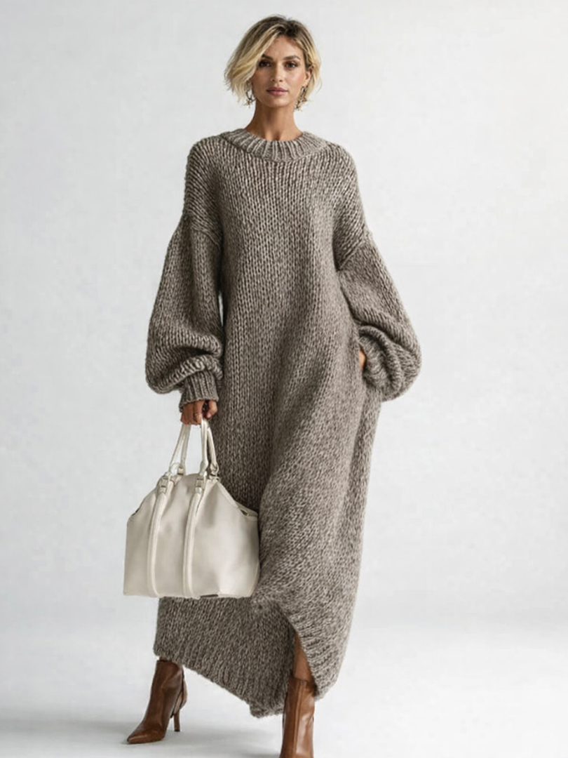Women’s Oversized Knit Maxi Sweater Dress with Voluminous Sleeves 0