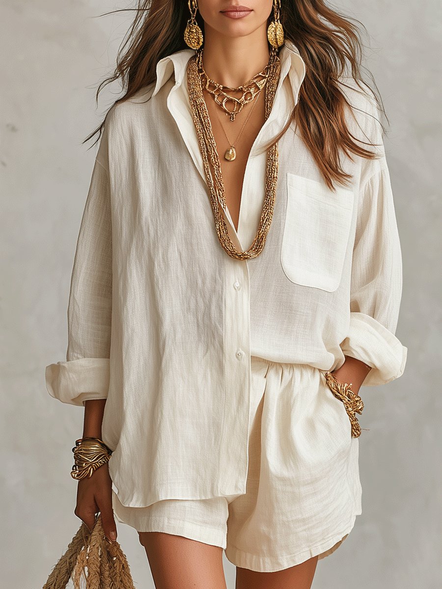 Women’s Oversized Linen Shirt and Shorts Set Relaxed Summer Style 0