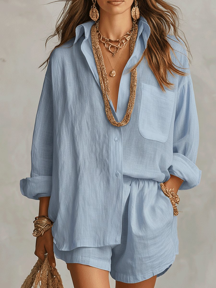 Women’s Oversized Linen Shirt and Shorts Set Relaxed Summer Style 1