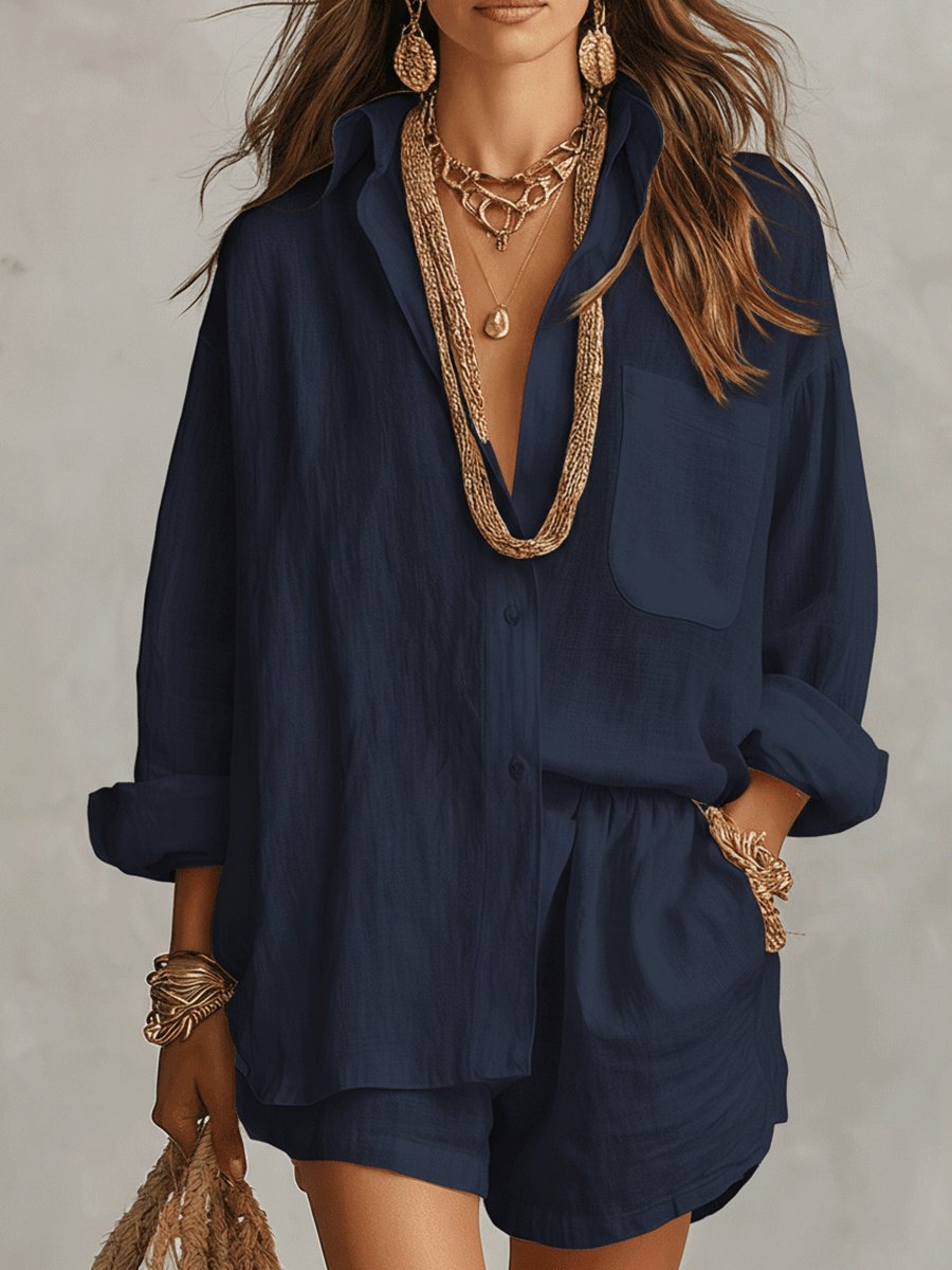 Women’s Oversized Linen Shirt and Shorts Set Relaxed Summer Style 2