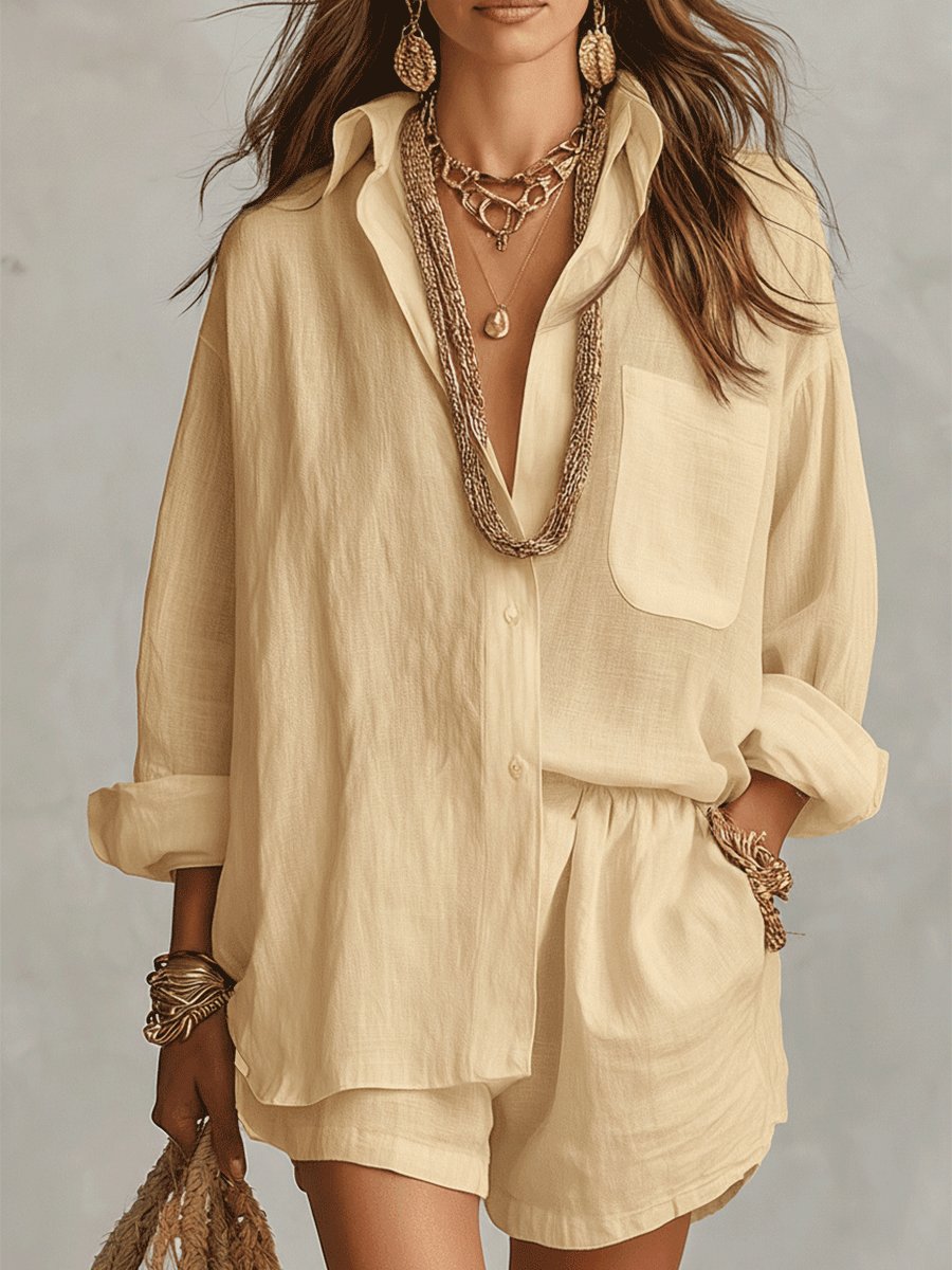 Women’s Oversized Linen Shirt and Shorts Set Relaxed Summer Style 3