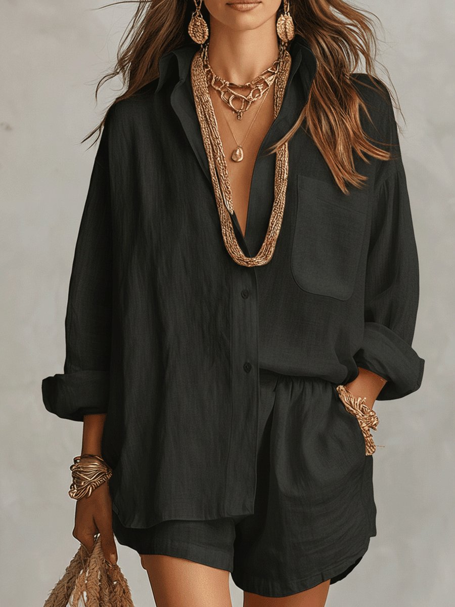 Women’s Oversized Linen Shirt and Shorts Set Relaxed Summer Style 4
