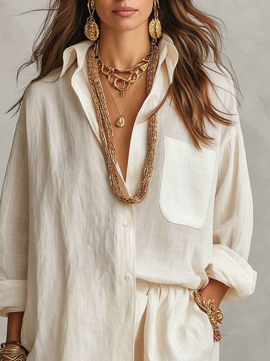 Women’s Oversized Linen Shirt and Shorts Set Relaxed Summer Style 8