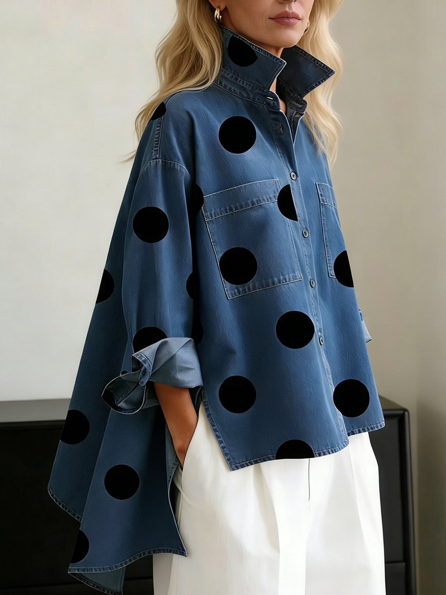Women’s Oversized Polka Dot Shirt Stylish Mock Collar Design 0