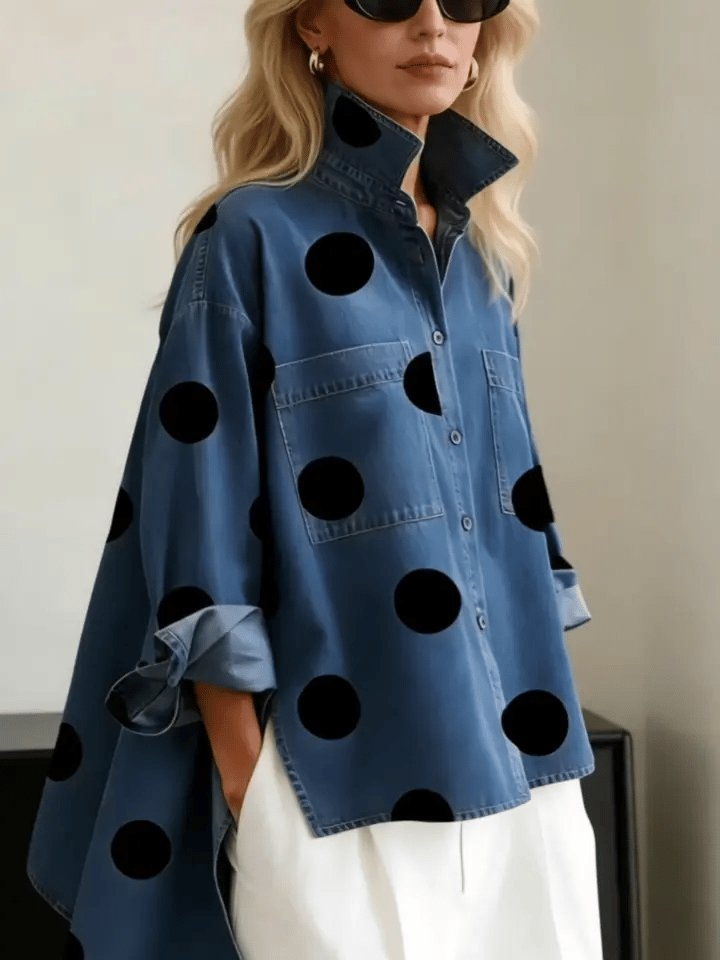 Women’s Oversized Polka Dot Shirt Stylish Mock Collar Design 1