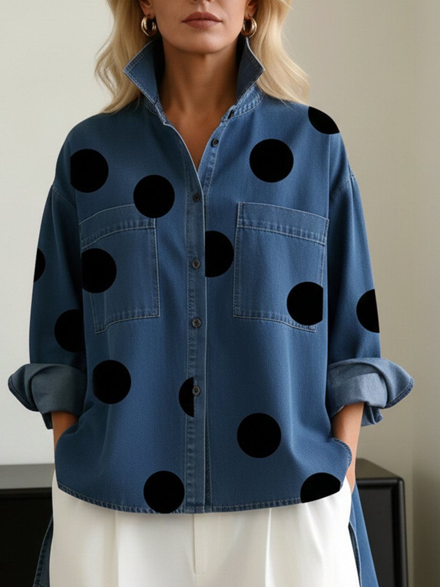 Women’s Oversized Polka Dot Shirt Stylish Mock Collar Design 2
