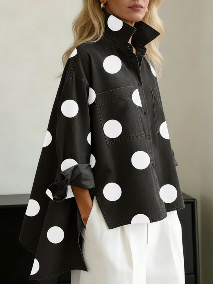 Women’s Oversized Polka Dot Shirt Stylish Mock Collar Design 3