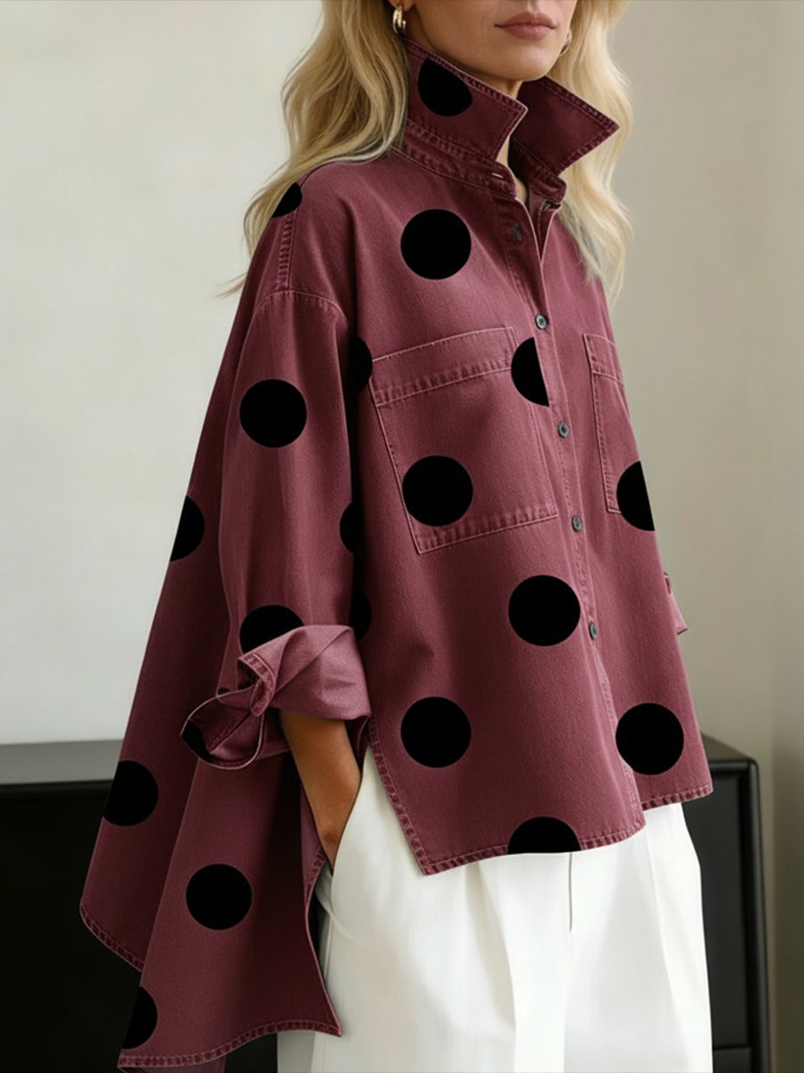 Women’s Oversized Polka Dot Shirt Stylish Mock Collar Design 5