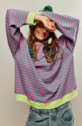 Women’s Oversized Striped Sweatshirt with Neon Contrast Trim 0