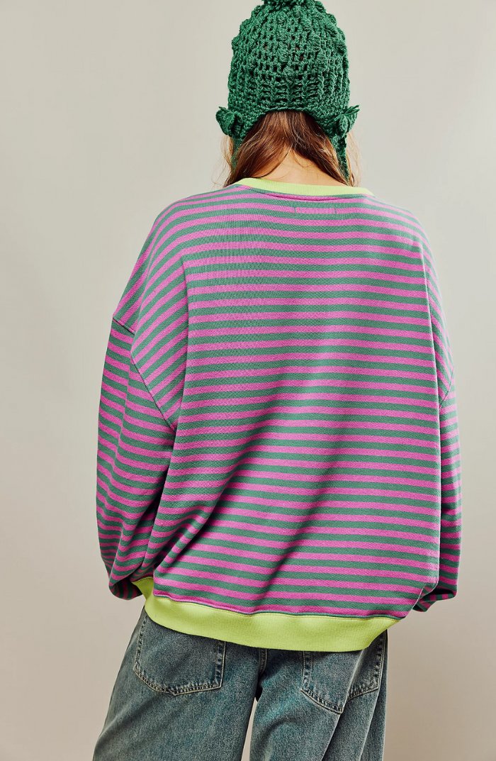 Women’s Oversized Striped Sweatshirt with Neon Contrast Trim 1