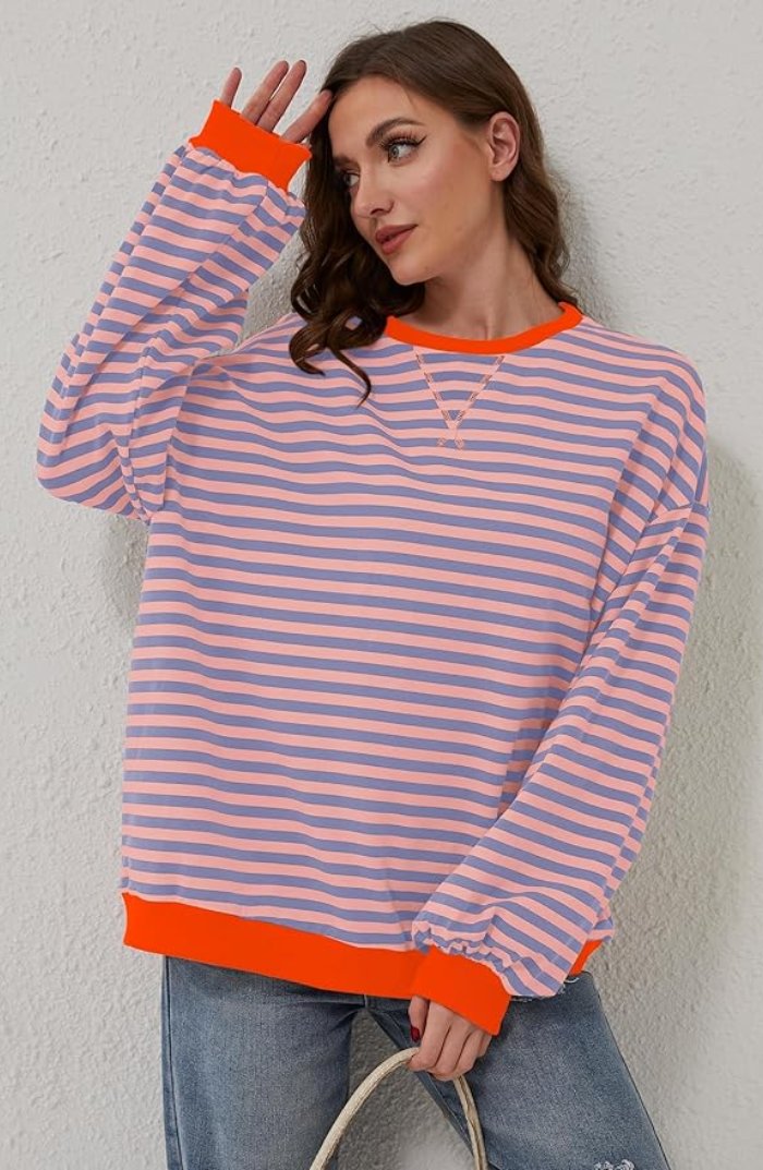 Women’s Oversized Striped Sweatshirt with Neon Contrast Trim 4