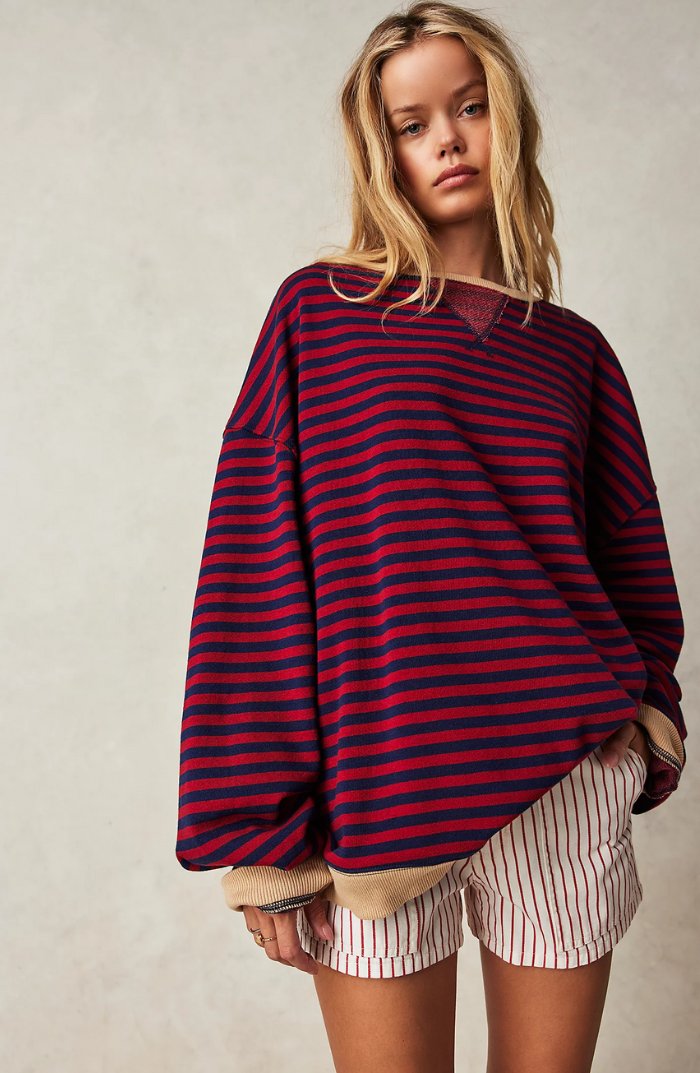 Women’s Oversized Striped Sweatshirt with Neon Contrast Trim 8
