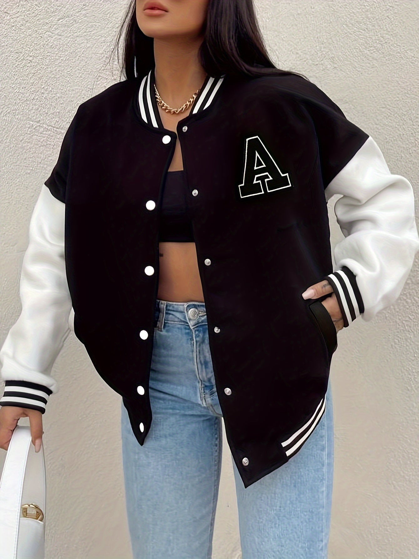 Women’s Oversized Varsity Bomber Jacket Sporty Casual Style 0