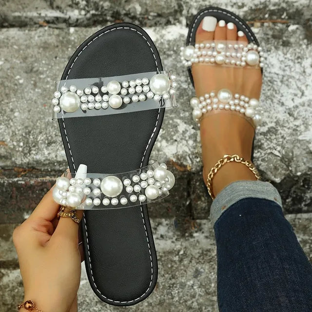Women’s Pearl-Embellished Flat Sandals with Transparent Straps 1