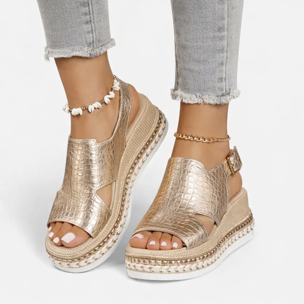 Women’s Platform Sandals Metallic Croc-Effect Wedge Design 1
