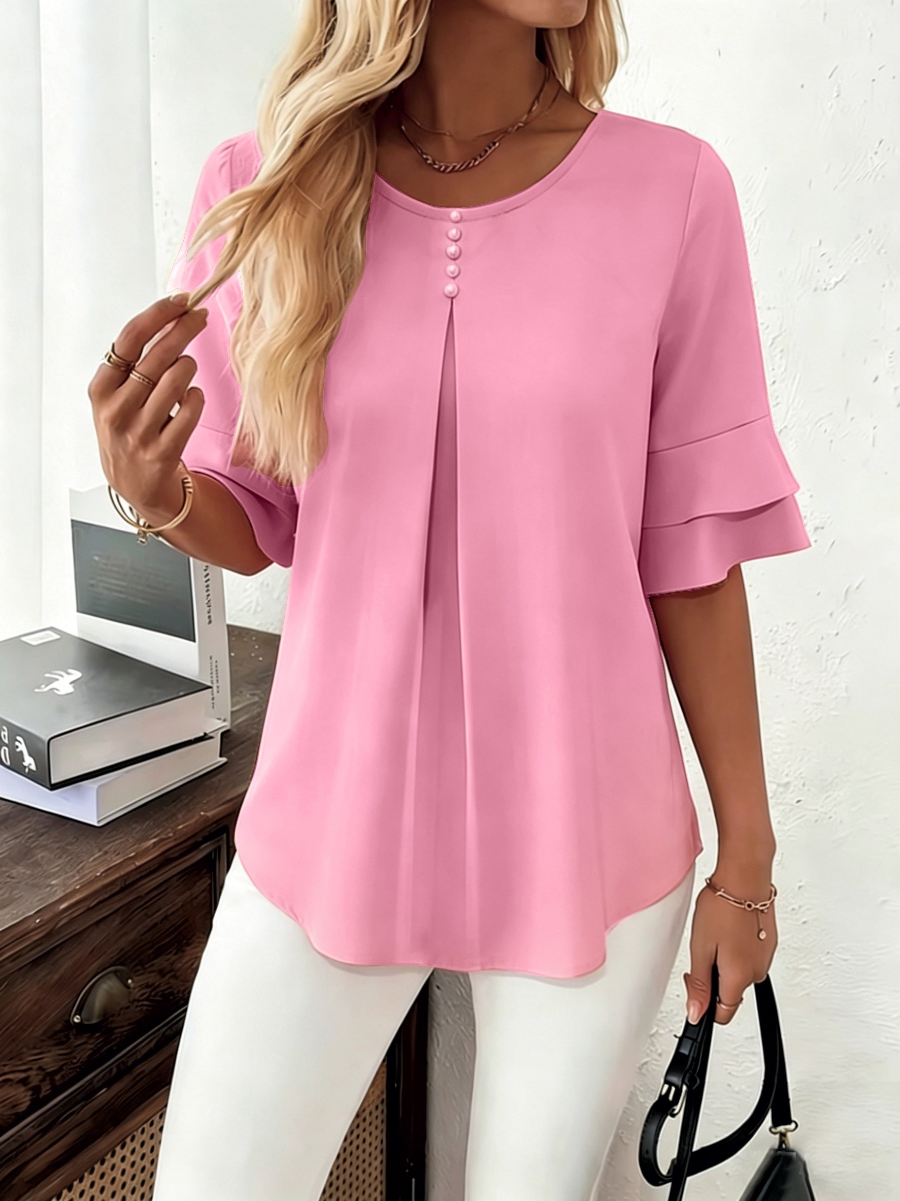 Women’s Pleated Blouse with Flared Sleeves Elegant Design 1