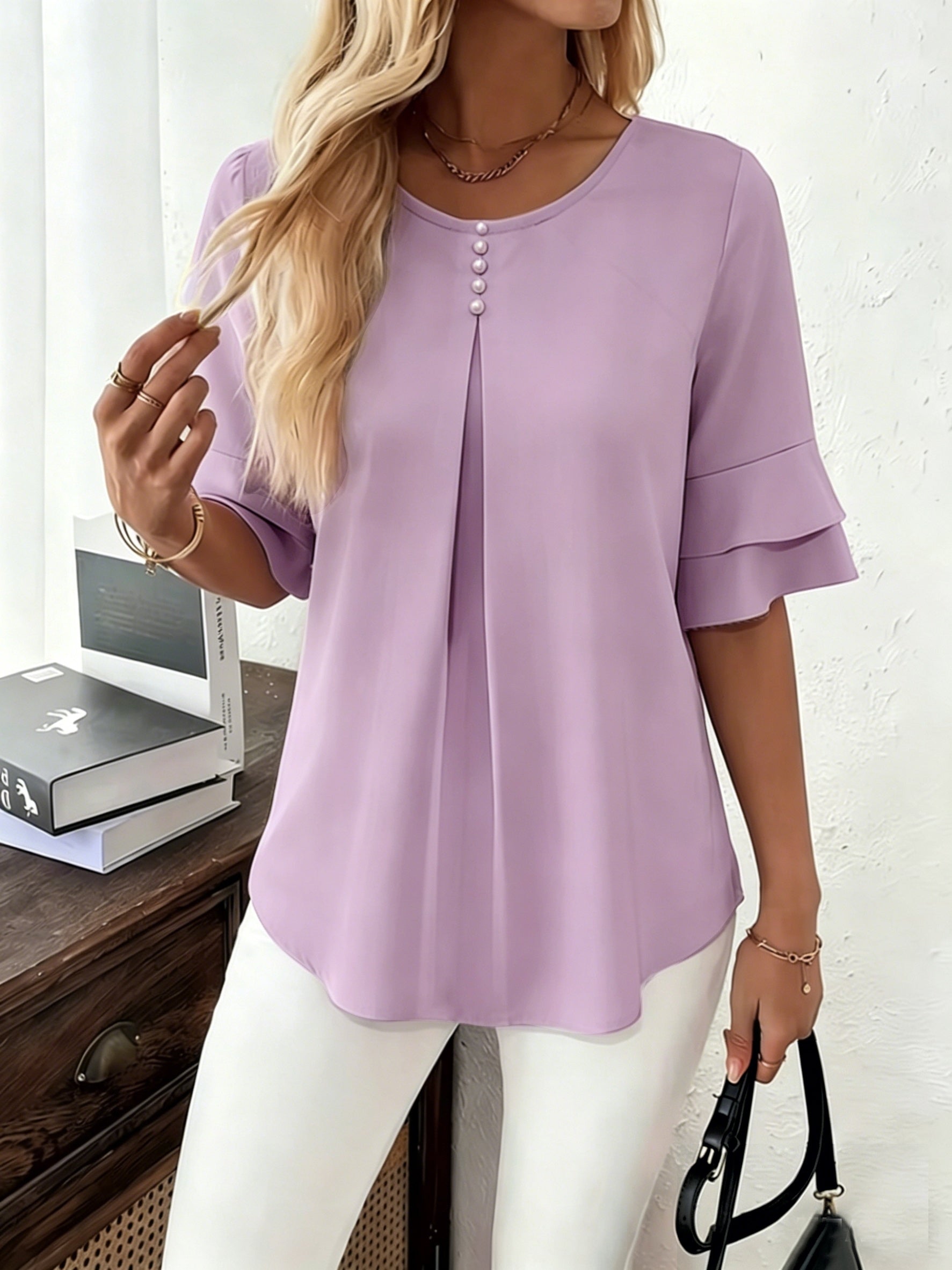 Women’s Pleated Blouse with Flared Sleeves Elegant Design 3
