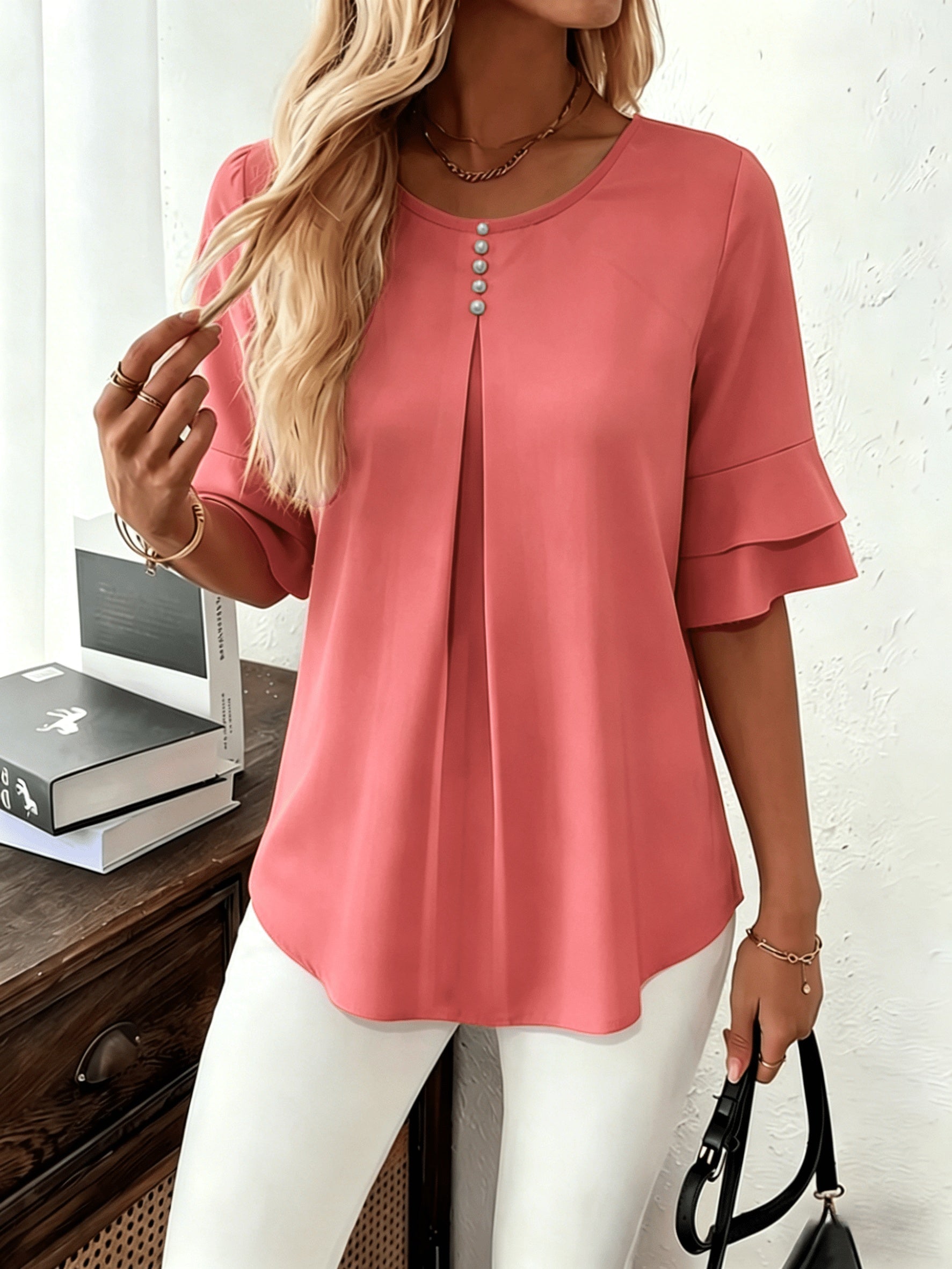 Women’s Pleated Blouse with Flared Sleeves Elegant Design 4