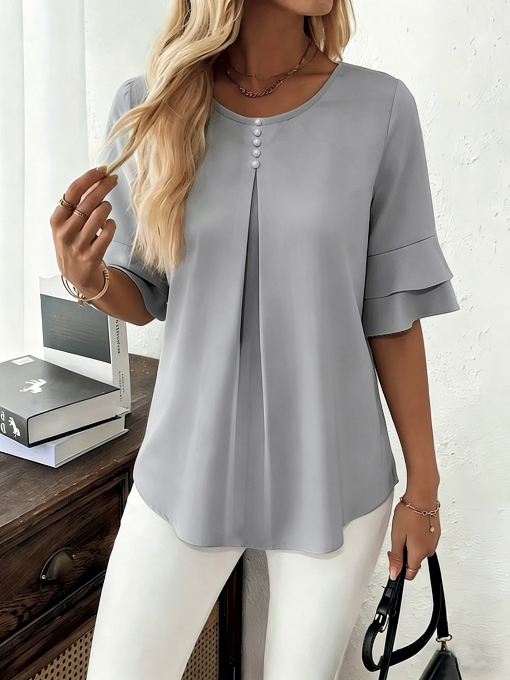 Women’s Pleated Blouse with Flared Sleeves Elegant Design 5