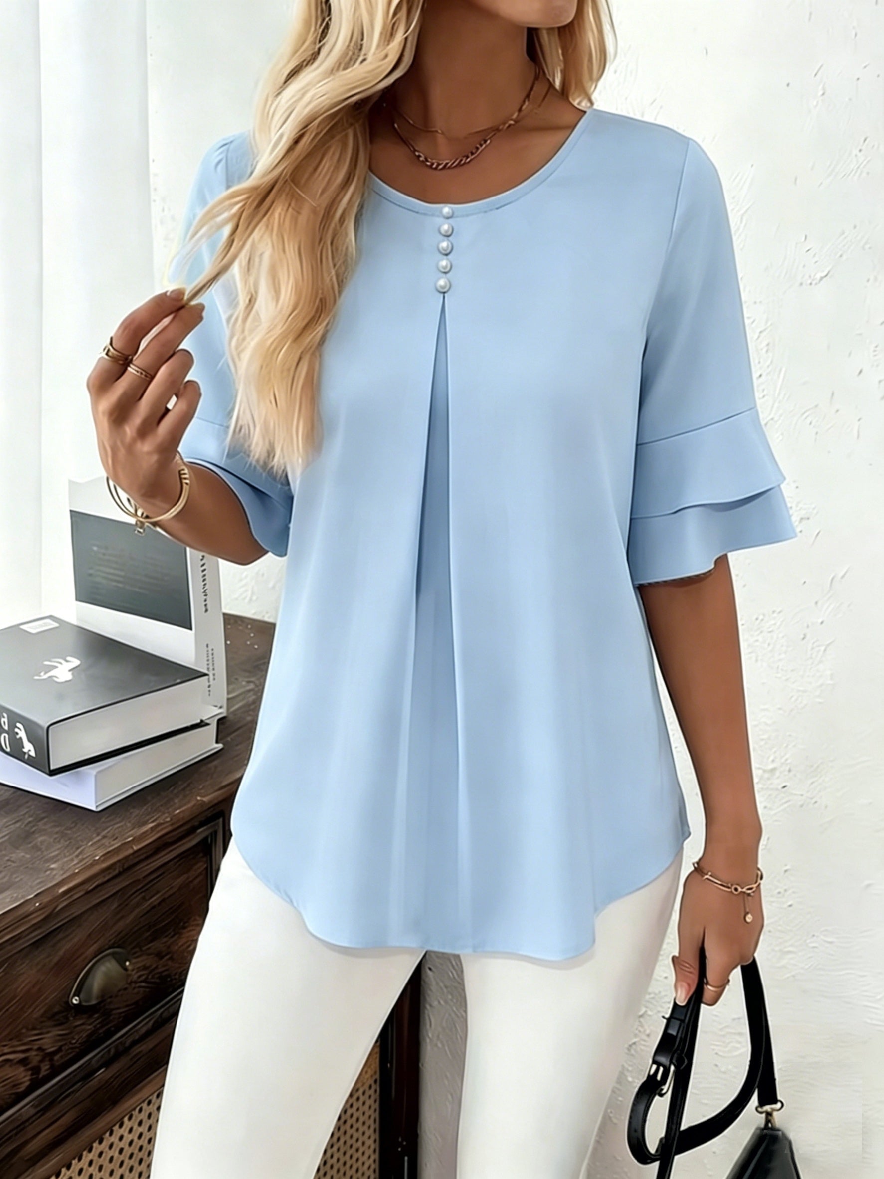 Women’s Pleated Blouse with Flared Sleeves Elegant Design 6