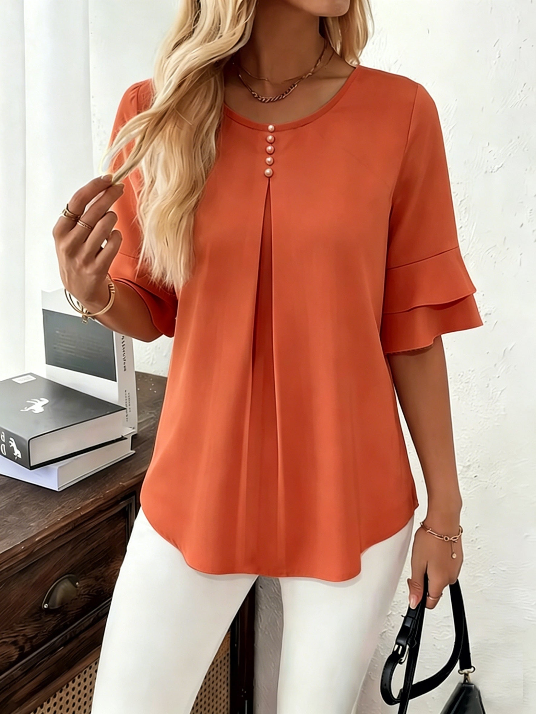 Women’s Pleated Blouse with Flared Sleeves Elegant Design 7