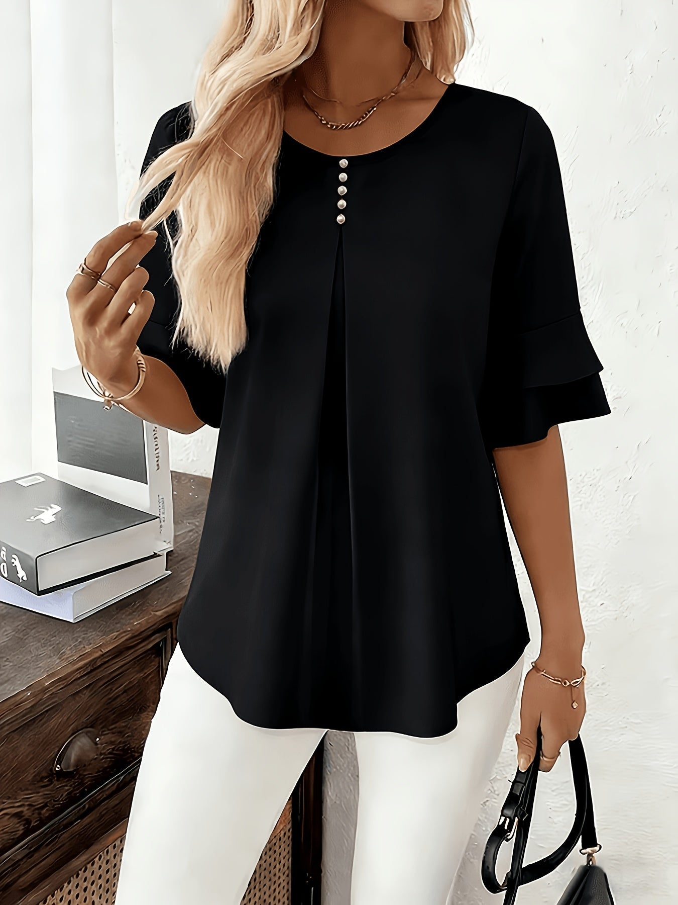 Women’s Pleated Blouse with Flared Sleeves Elegant Design 8