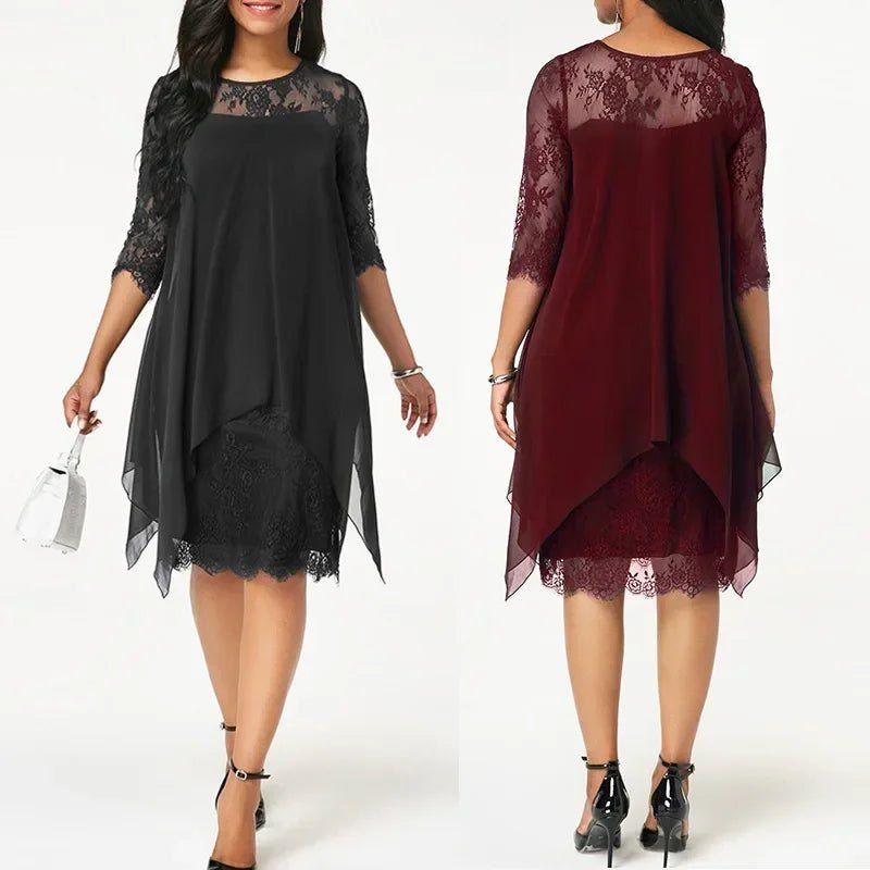 Women’s Plus Size Lace Chiffon Dress Elegant Quarter Sleeve Style 2