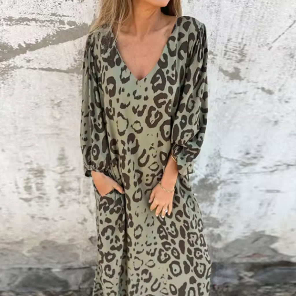 Women’s Plus Size Maxi Dress V-Neck Long Sleeve Leopard Print 0