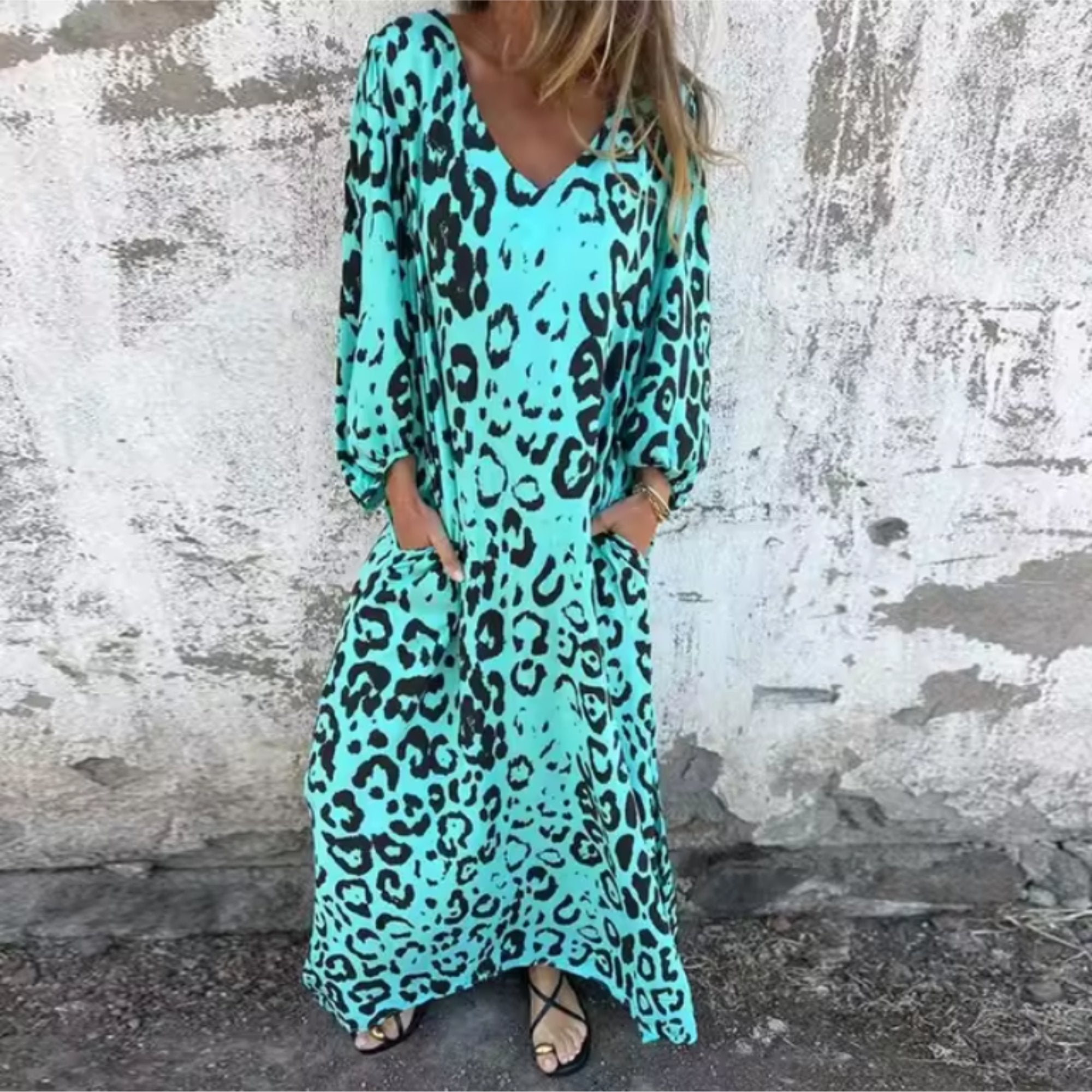 Women’s Plus Size Maxi Dress V-Neck Long Sleeve Leopard Print 3