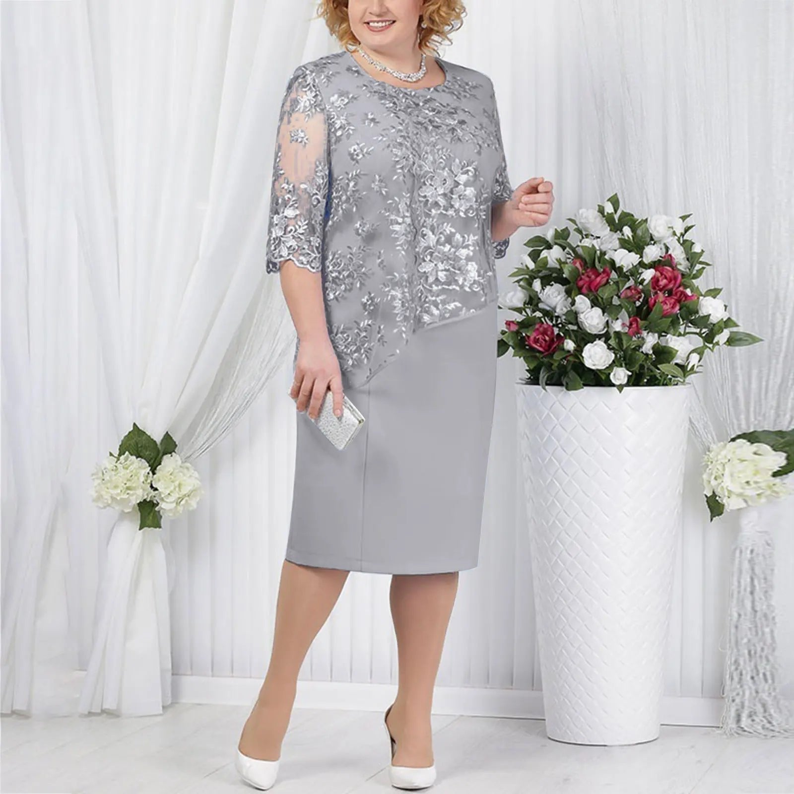 Women’s Plus Size Midi Dress Elegant Floral Lace Design 0