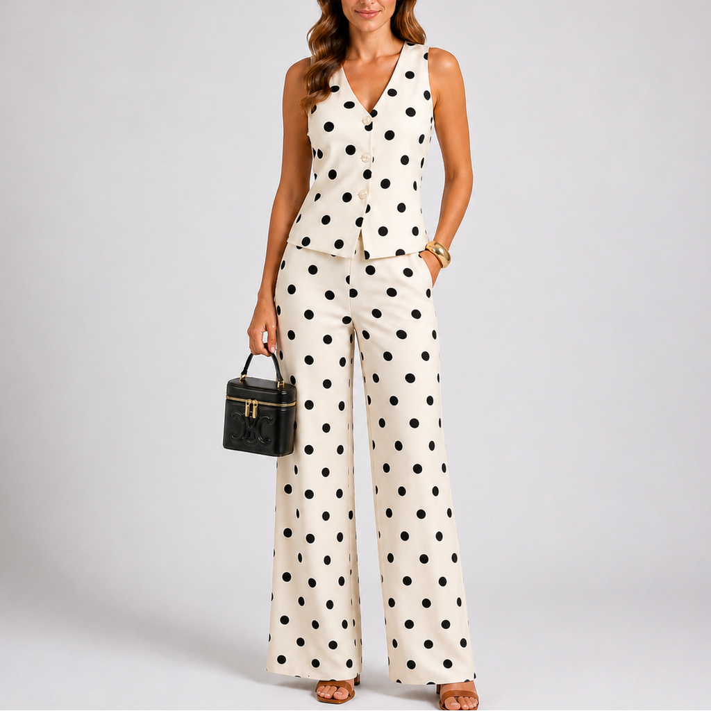 Women’s Polka Dot Two Piece Set Sleeveless Top and Wide Leg Trousers 0