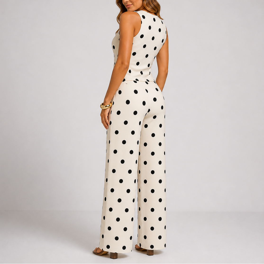 Women’s Polka Dot Two Piece Set Sleeveless Top and Wide Leg Trousers 1