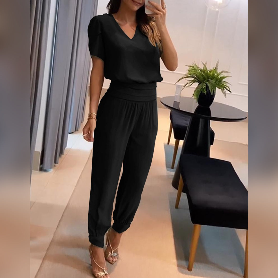 Women’s Printed Jumpsuit V-Neck Tie Waist Wide Leg Style 0