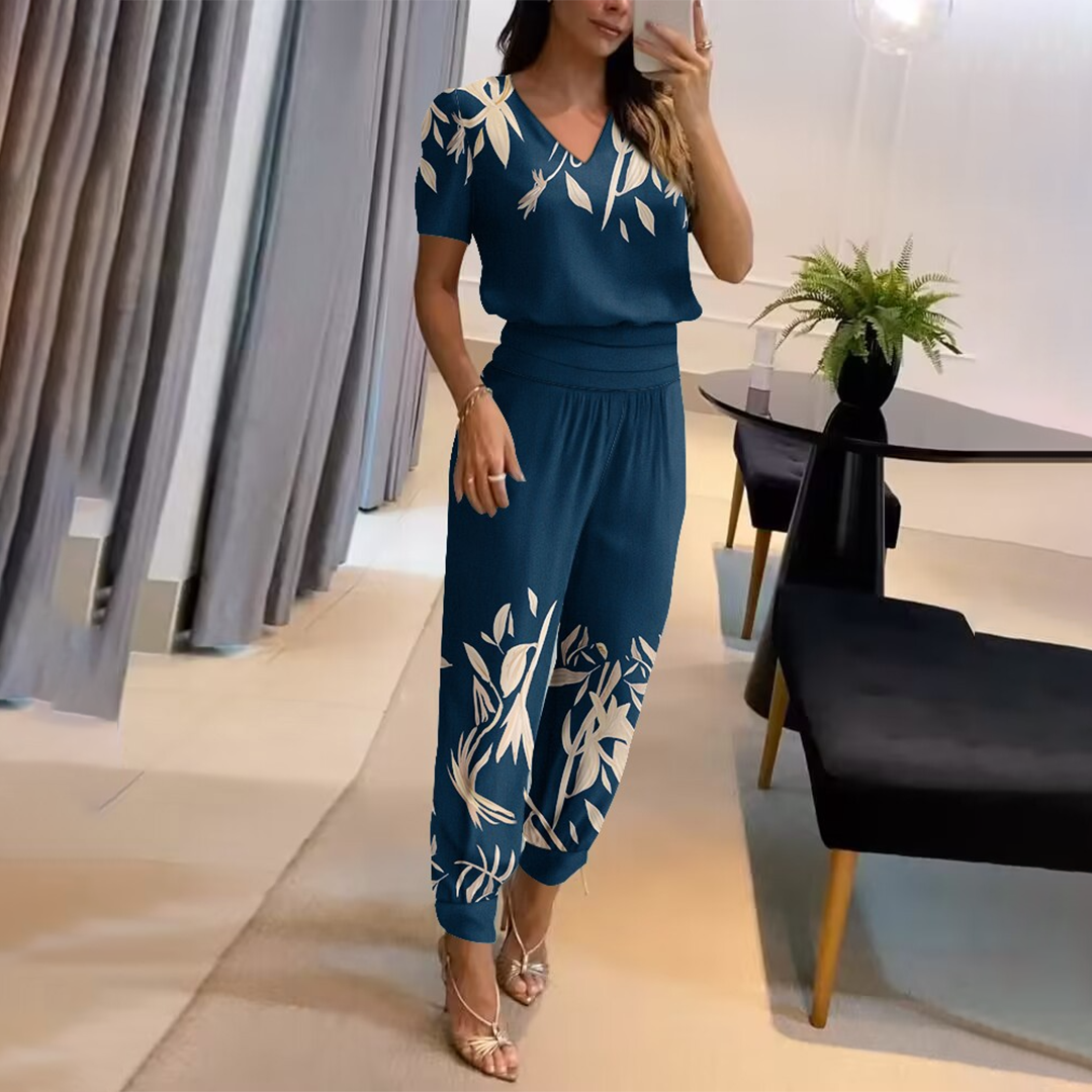Women’s Printed Jumpsuit V-Neck Tie Waist Wide Leg Style 1