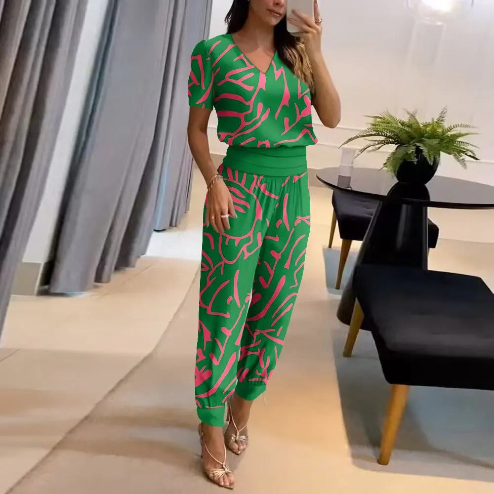 Women’s Printed Jumpsuit V-Neck Tie Waist Wide Leg Style 4