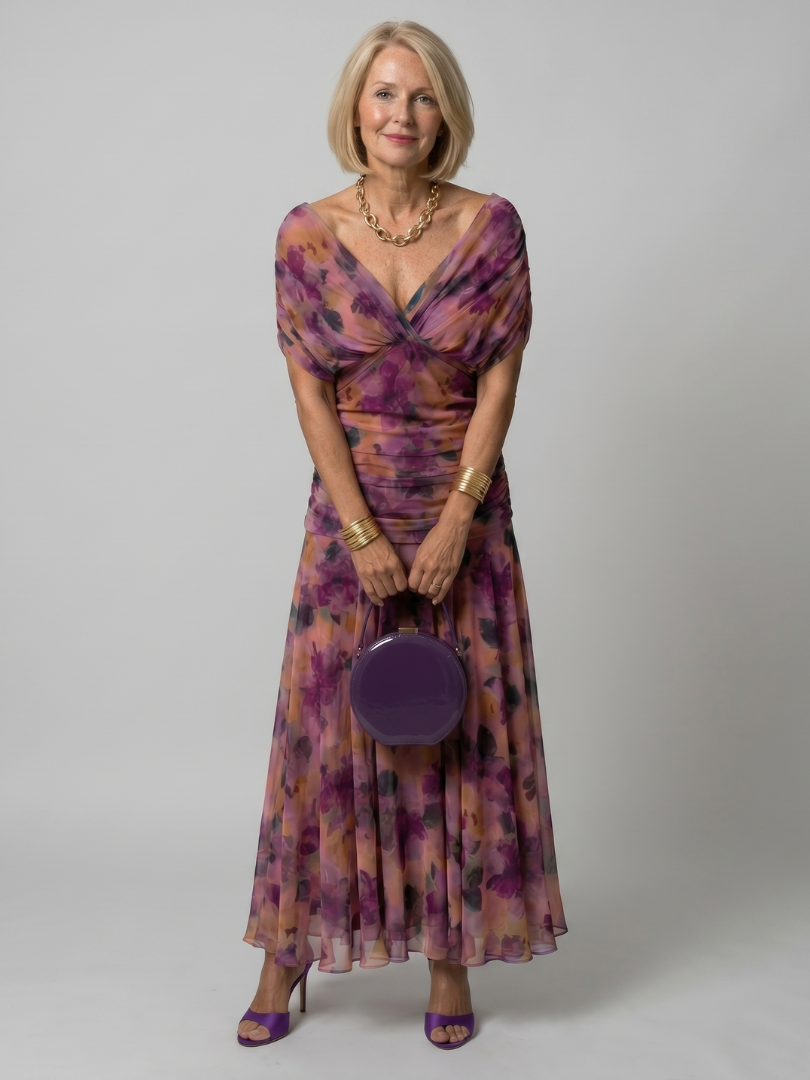 Women’s Printed Mesh Midi Dress Off-Shoulder Draped Neckline 0