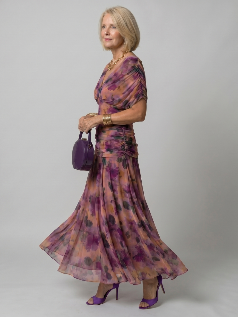 Women’s Printed Mesh Midi Dress Off-Shoulder Draped Neckline 1