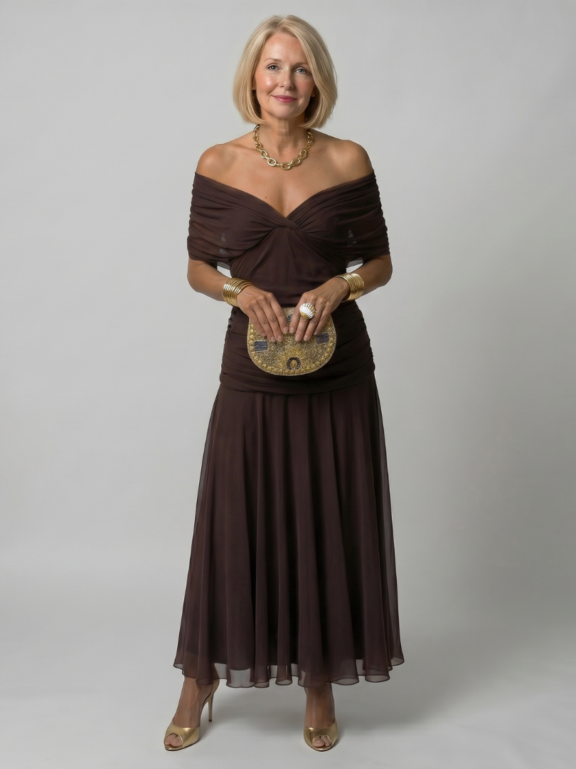 Women’s Printed Mesh Midi Dress Off-Shoulder Draped Neckline 10