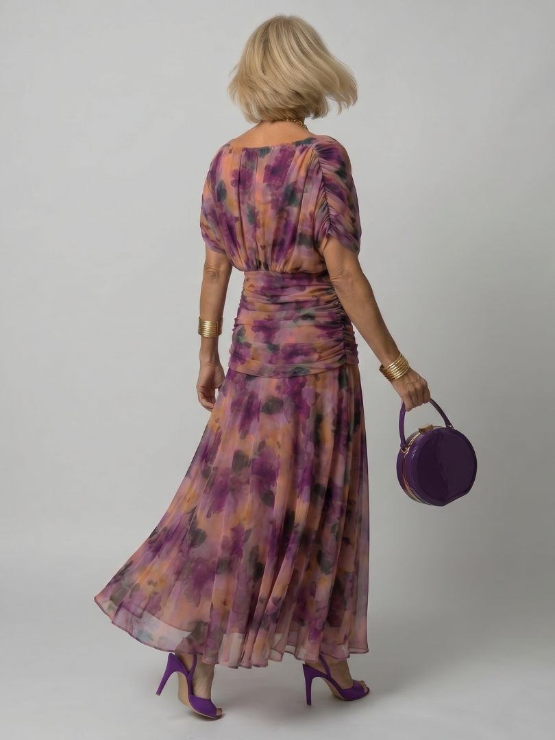Women’s Printed Mesh Midi Dress Off-Shoulder Draped Neckline 3