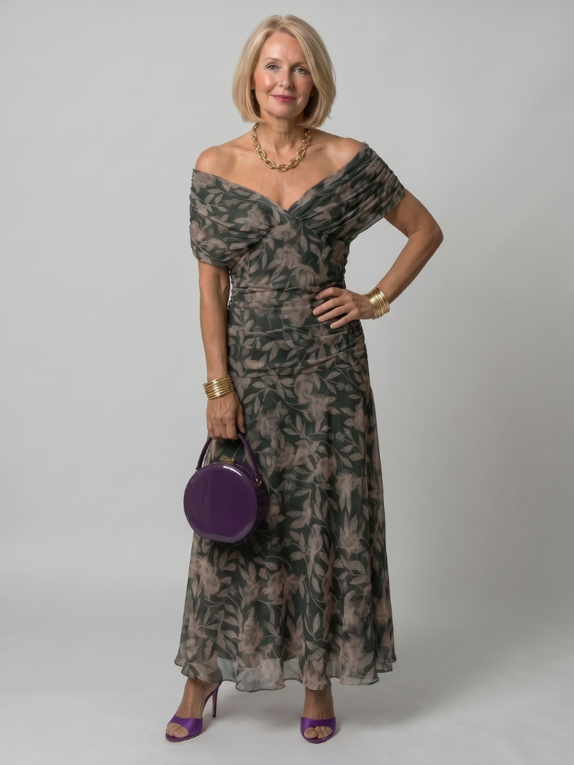 Women’s Printed Mesh Midi Dress Off-Shoulder Draped Neckline 4