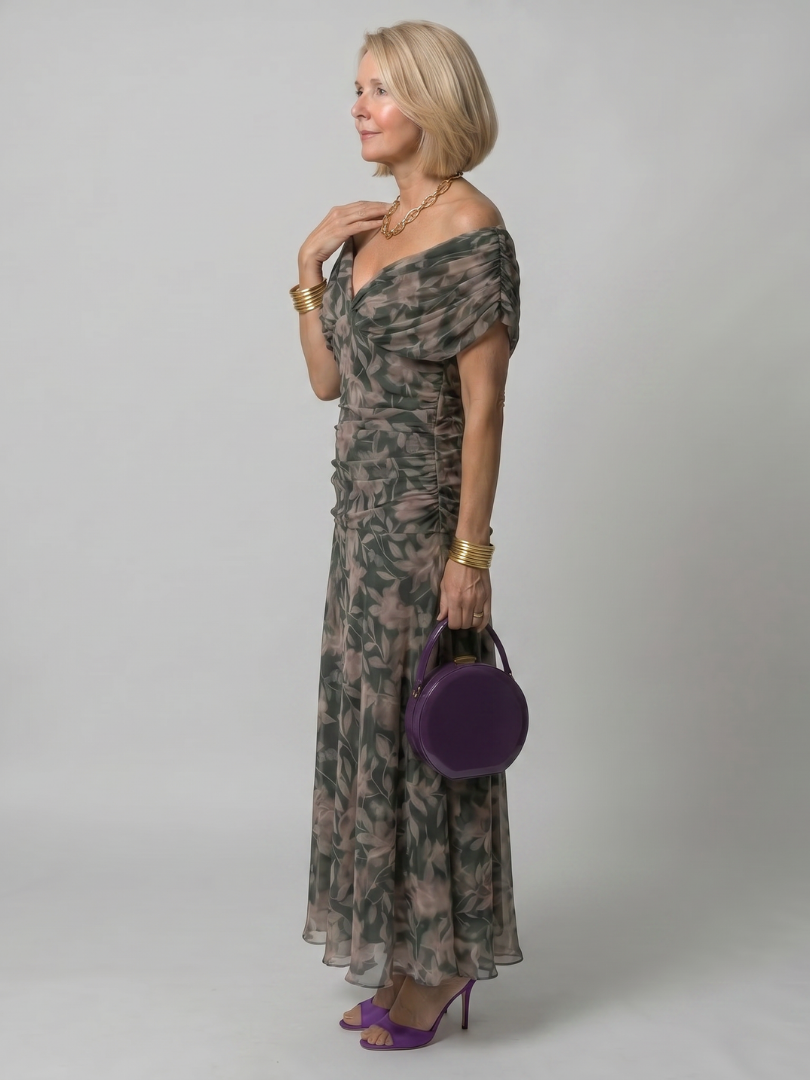 Women’s Printed Mesh Midi Dress Off-Shoulder Draped Neckline 5