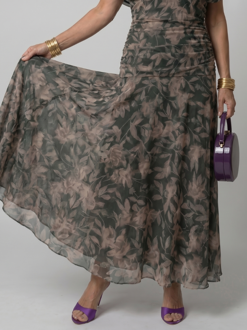 Women’s Printed Mesh Midi Dress Off-Shoulder Draped Neckline 6