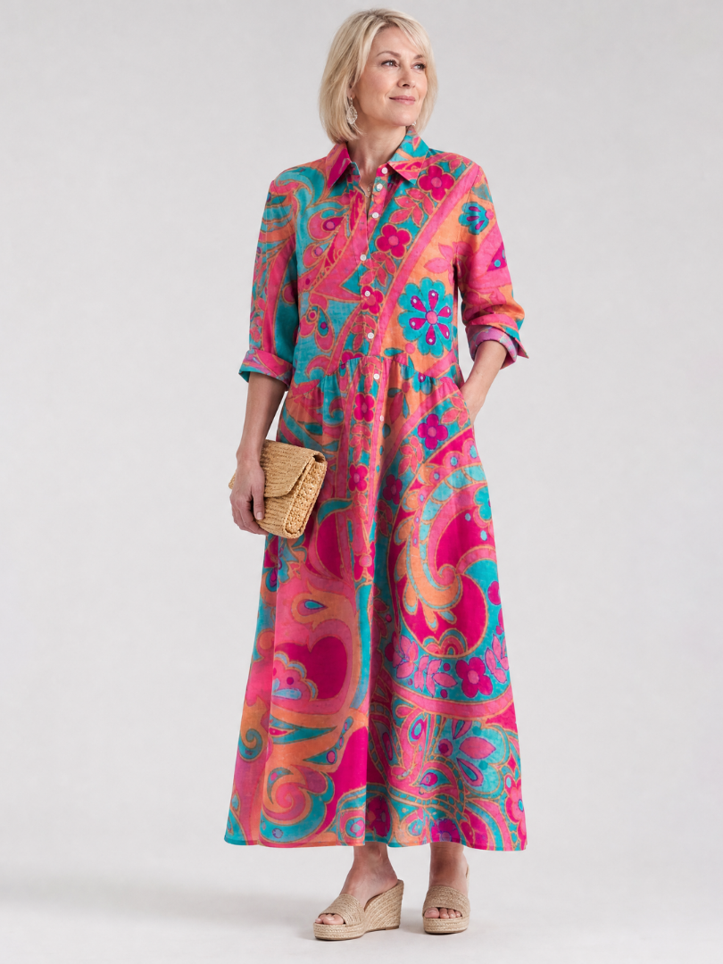 Women’s Printed Midi Dress Lightweight Button Front Casual Style 0