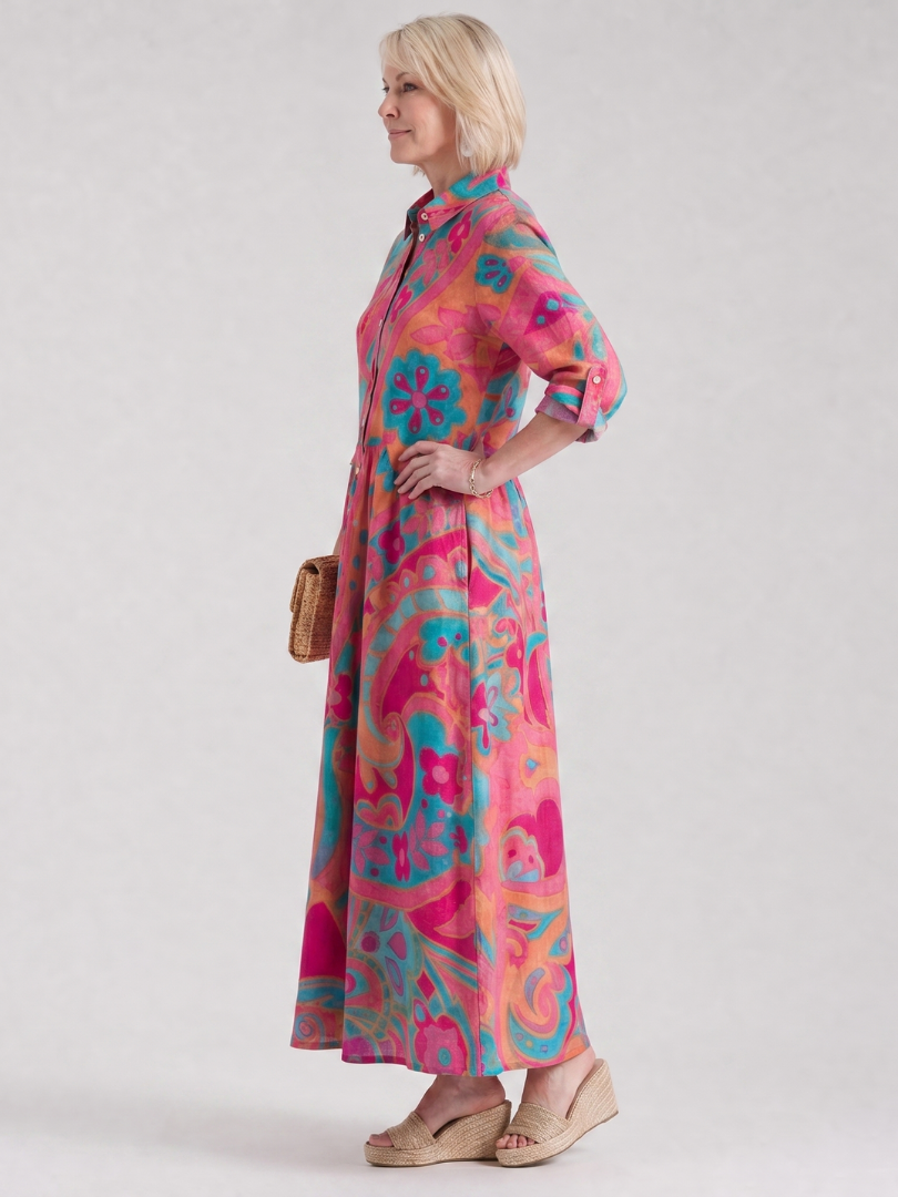 Women’s Printed Midi Dress Lightweight Button Front Casual Style 1