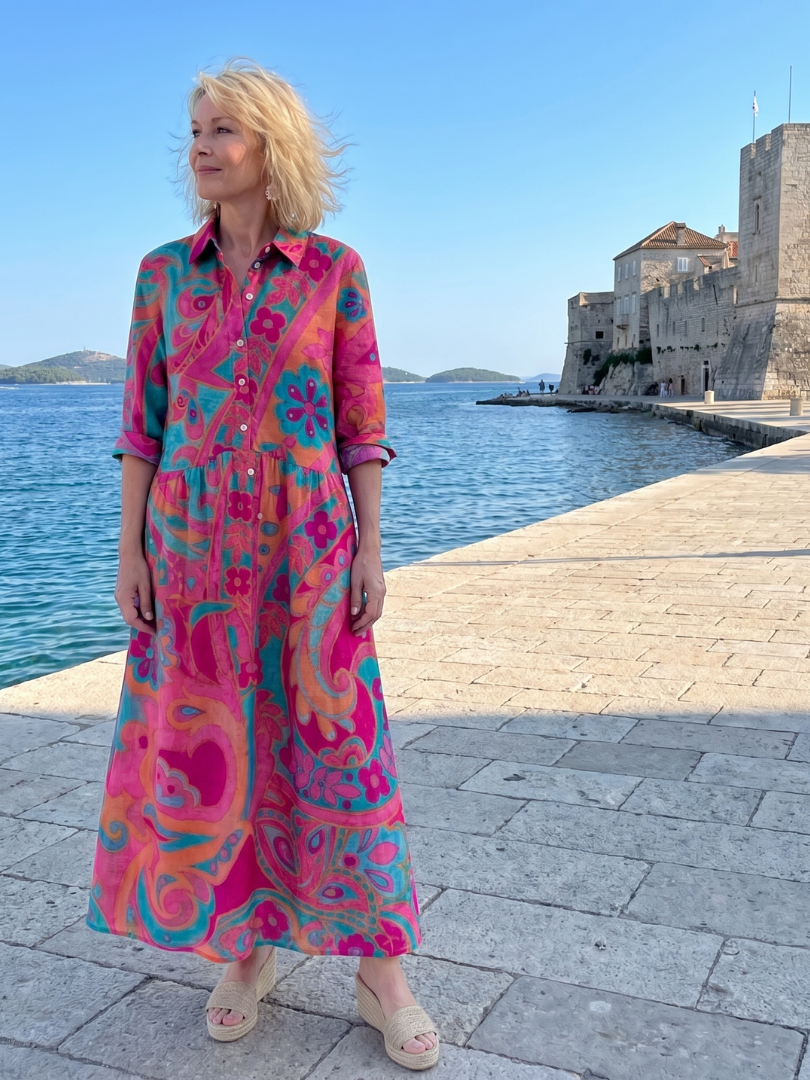 Women’s Printed Midi Dress Lightweight Button Front Casual Style 4