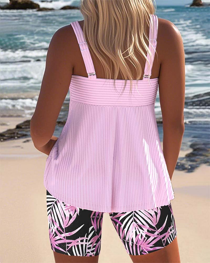 Women’s Printed Tankini Set with Tummy Control and Tropical Leaf Design 3