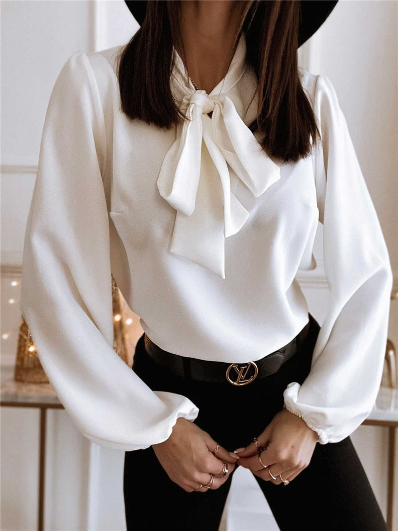 Women’s Puff Sleeve Long Sleeve Blouse Elegant Bow Tie Design 4